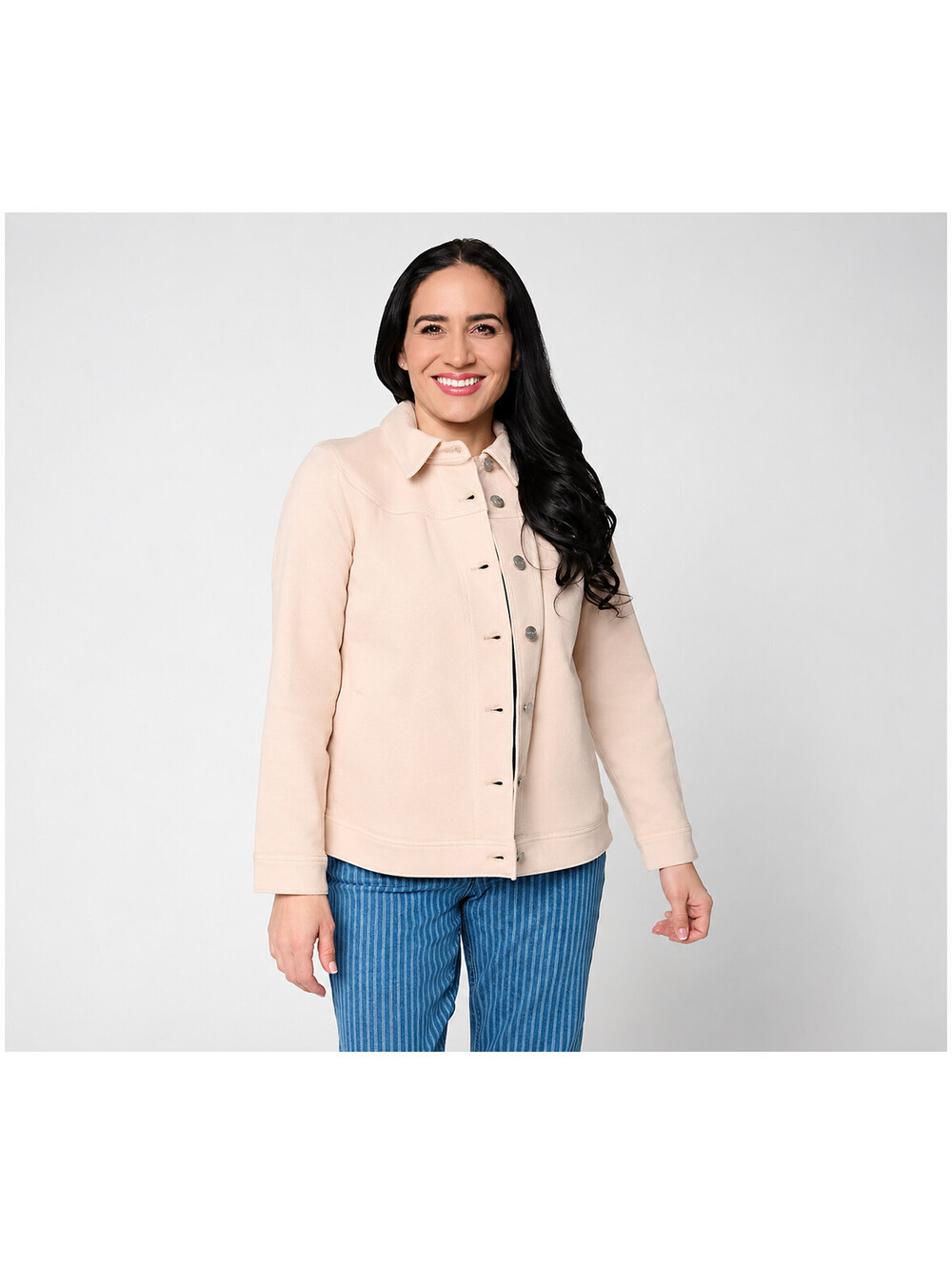 LOGO by Lori Goldstein Denim Jacket with Pleat Detail Soft Almond, Size Small